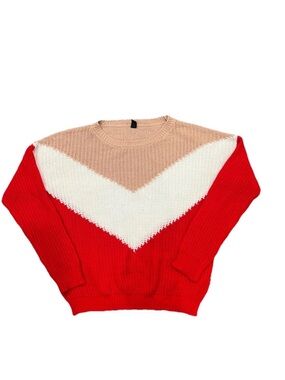 Windsor Women's Red Beige White Color Block Knit Pullover Sweater, Crew Neck
